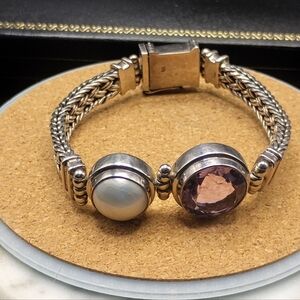 Elegant Silver and Gold Bracelet with Pearl and Faceted Amethyst